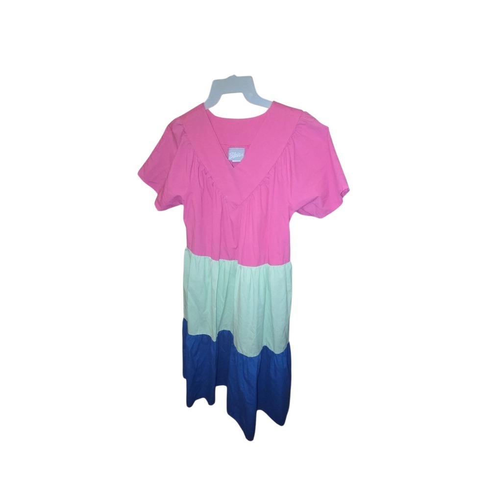 Blair Color Block Tiered Midi Dress Pink Green Blue Short Sleeve